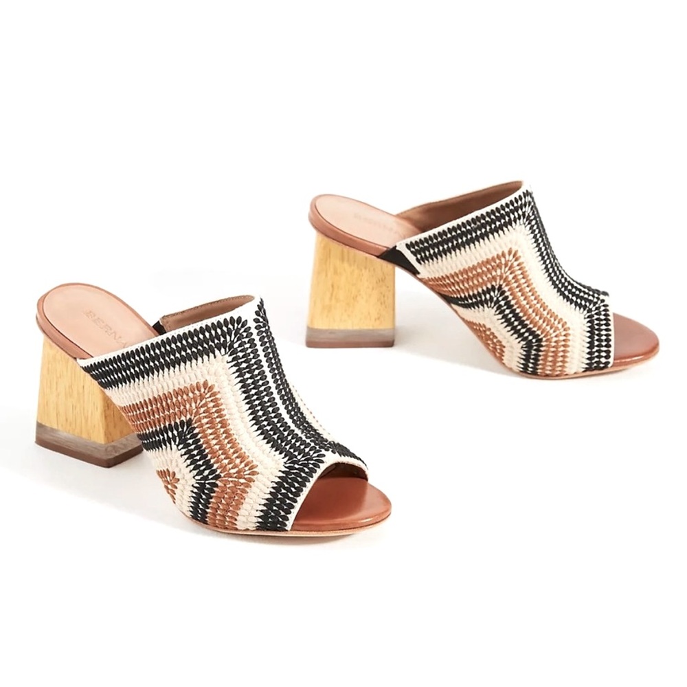 Bernardo Woven Open-Toe Block Heel Mules in Black, Cream, Brown